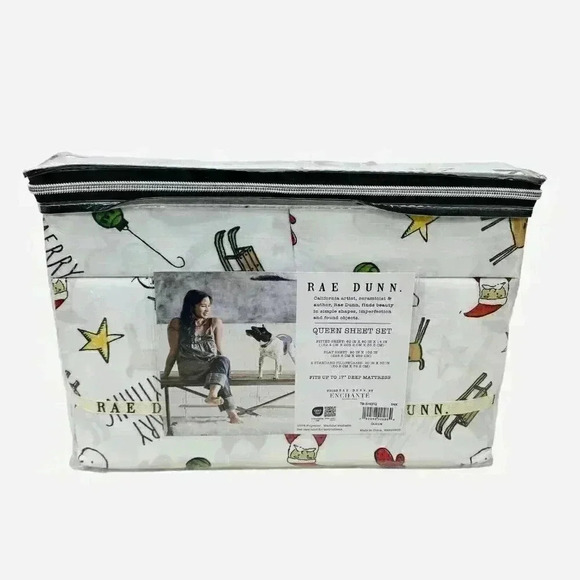 Rae Dunn Christmas Sled Snowman Reindeer  Santa Claus Queen Bedsheet Set - Picture 2 of 3